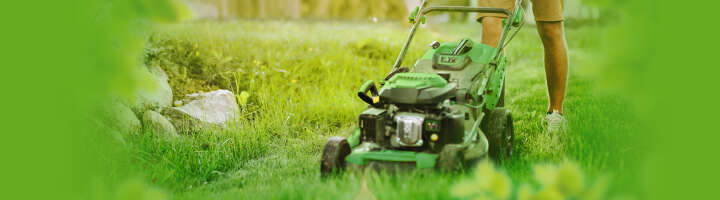 man cutting the grass in backyard garden using lawn mower and professional gardening tools